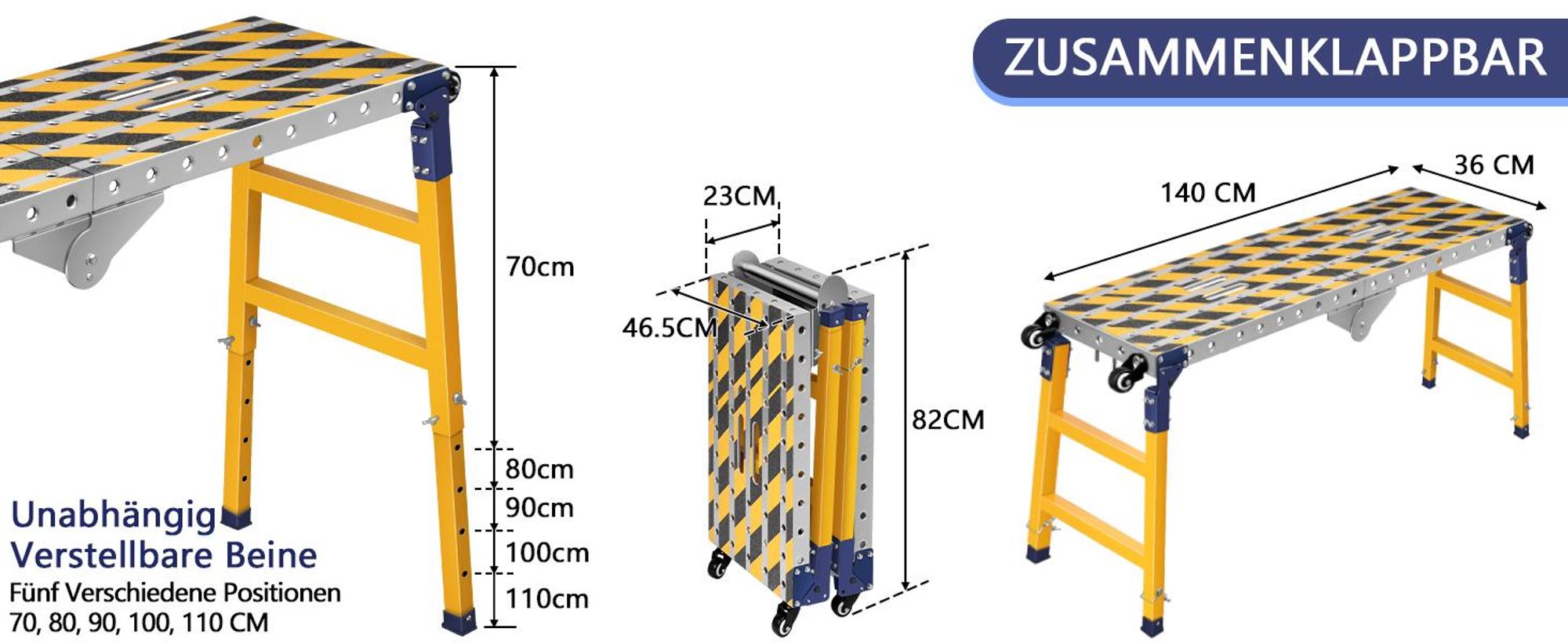 2in1 70-110cm Höhenverstellbar Antirutsch Arbeitsplattform Mobiler Schweißtisch Klappbare 160*36cm Arbeitsbühne Laufbühne Gerüst Werkbank Verzinkte