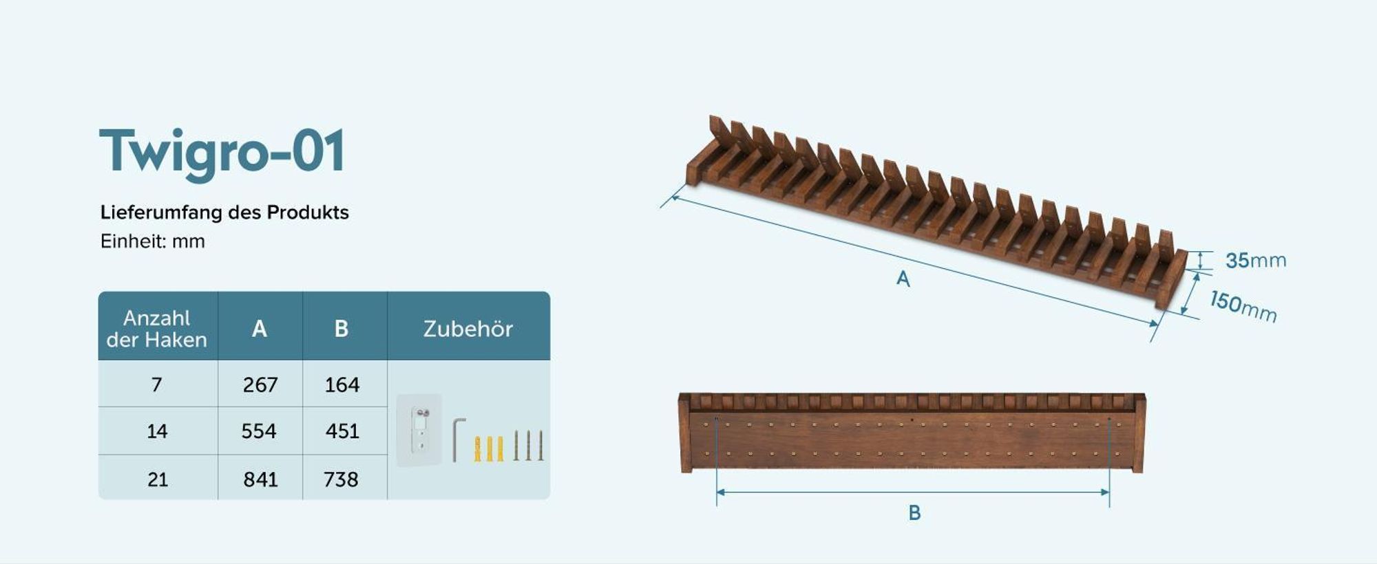 doporro Garderobenhaken Kleiderhaken Wand mit 7 Haken für Jacken, Garderobenleiste für Flur und Garderobe Wandgarderobe aus Holz, Matt Schwarz Twigro-01