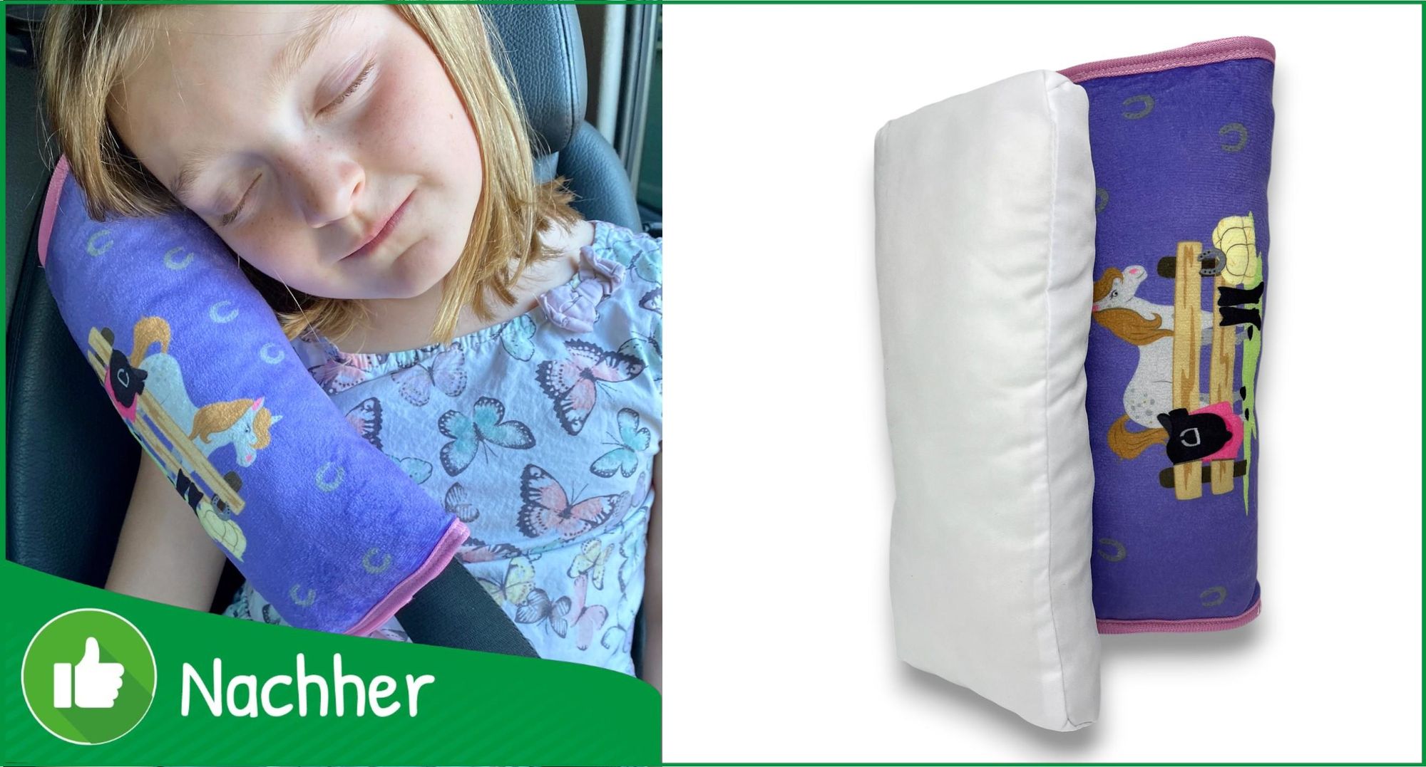 HECKBO® Pferd Bauernhof Auto Schlafkissen für Kinder - maschinenwaschbar – hochwertiges Auto Gurtkissen, Gurtschoner, Gurtkissen, Gurtschutz, Auto Kissen, Reisekissen, Urlaub - 30cm x 12cm