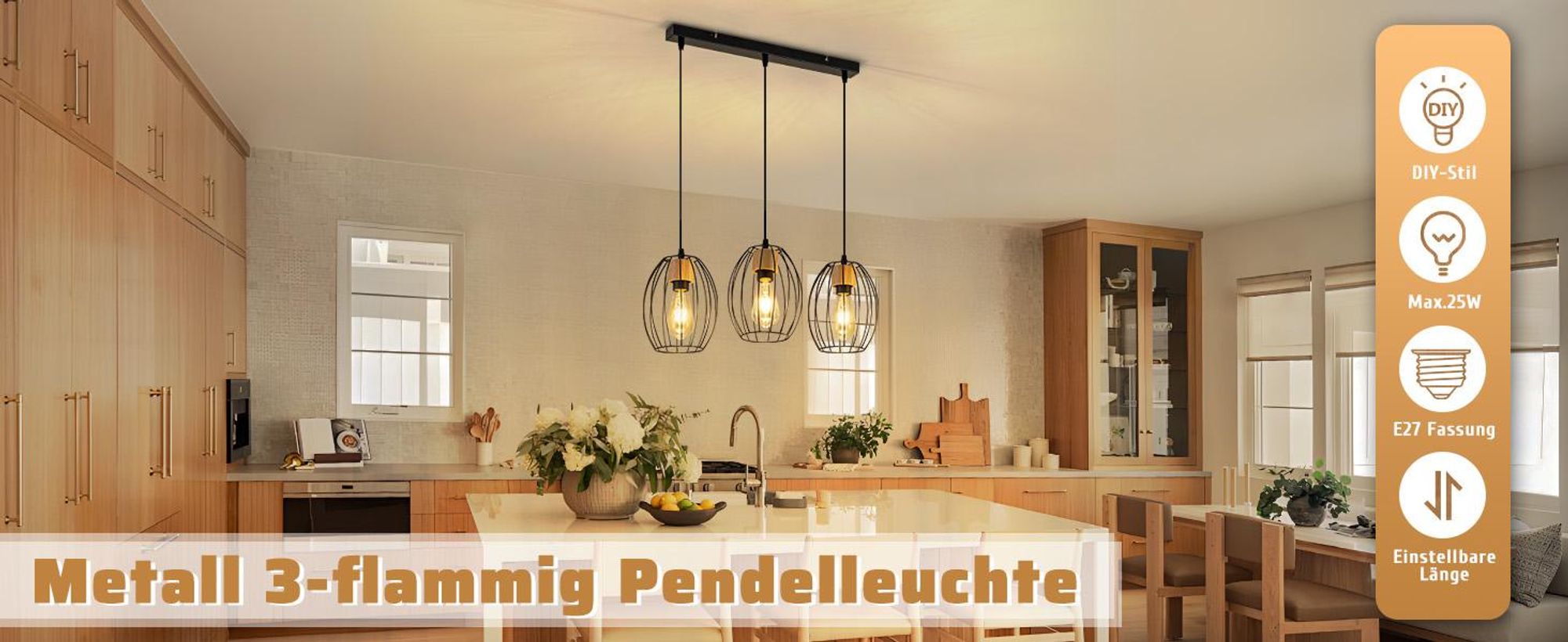 ZMH Hängelampe Vintage Pendelleuchte Esstisch - 3 flammig Esstischlampe Hängend Schwarz Hängeleuchte Metall & Holz E27 Retro Pendellampe für Wohnzimmer Schlafzimmer Küche (Ohne Leuchtmittel)
