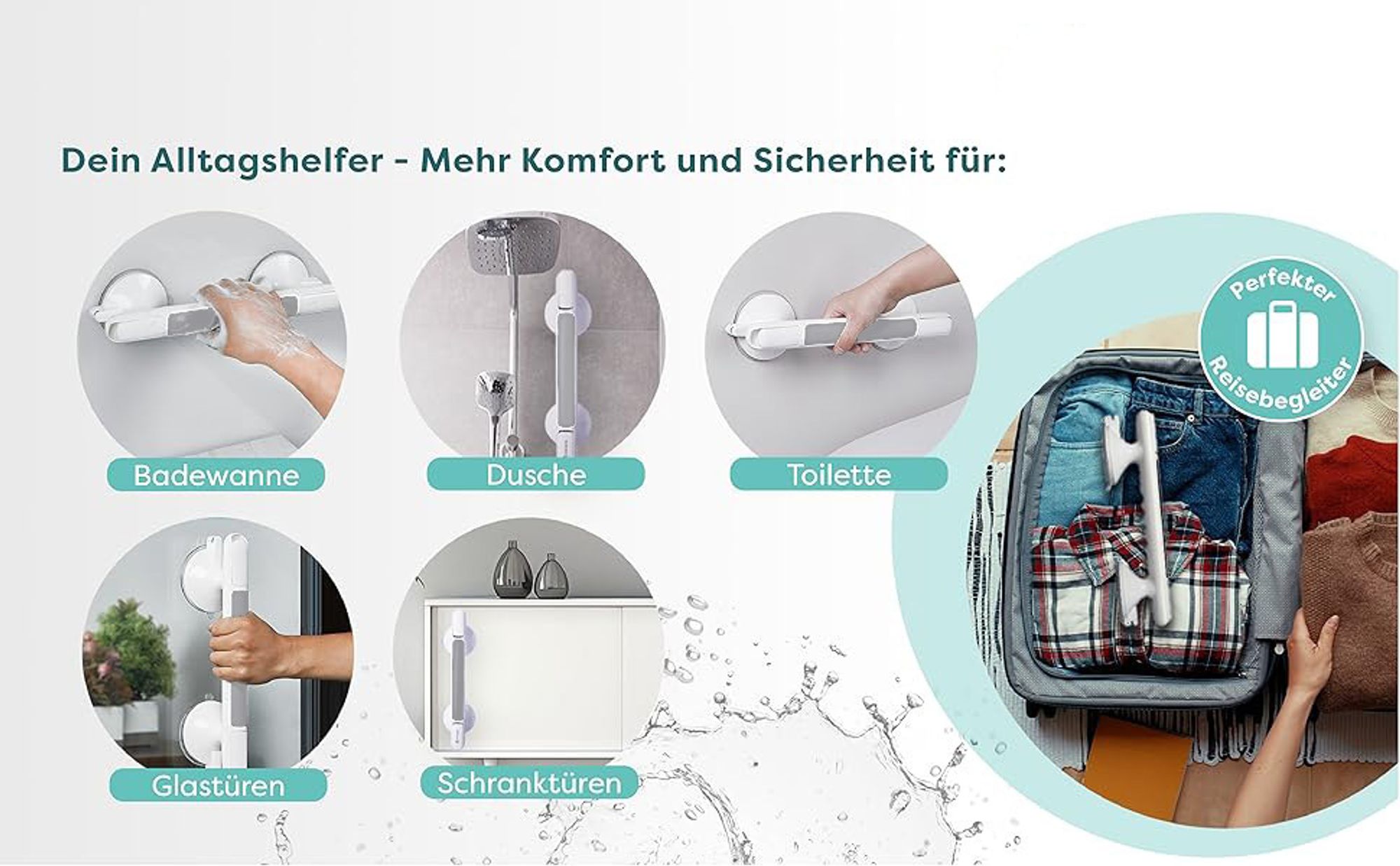 Haltegriff mit Saugnapf - Haltegriff Dusche Extra starker Halt 110 KG, Haltegriffe für Senioren, Badewannengriff ohne Bohren, Duschgriff mit Saugnapf
