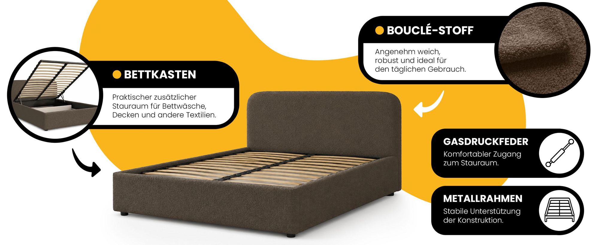Polsterbett 160x200 mit Bettkasten - Braun - Metallgestell - mit Stauraum - Bettrahmen mit Lattenrost - Gasfeder - Doppelbett - Ohne Matratze