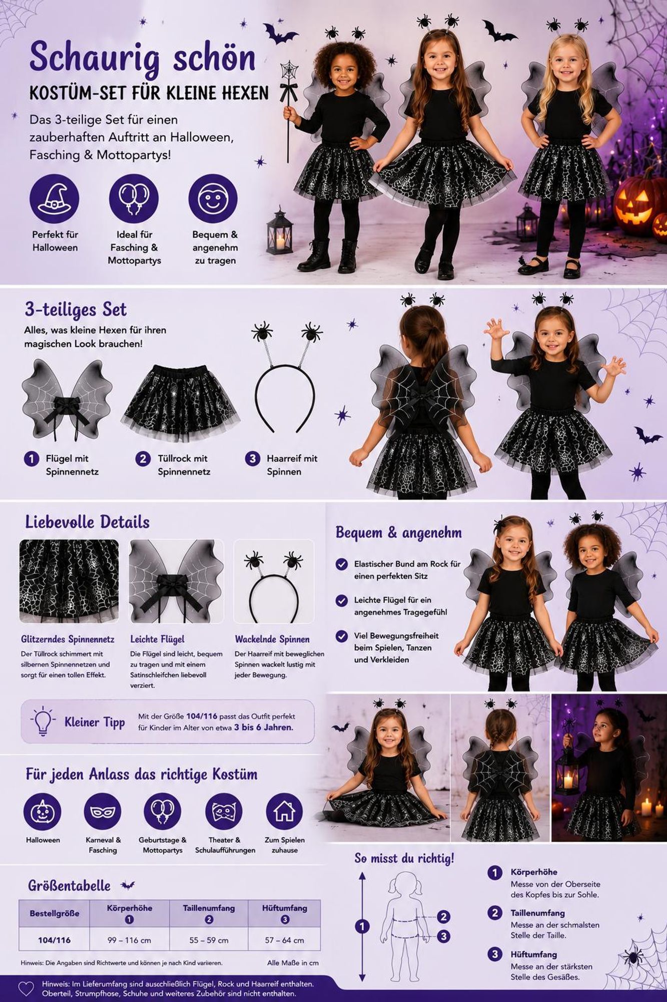 Mädchen Spider Kostüm Set - Flügel, Tüllrock & Spinnen-Haarreif - Größe 104/116 - Outfit in Schwarz mit Spinnennetz-Design (Spinne)