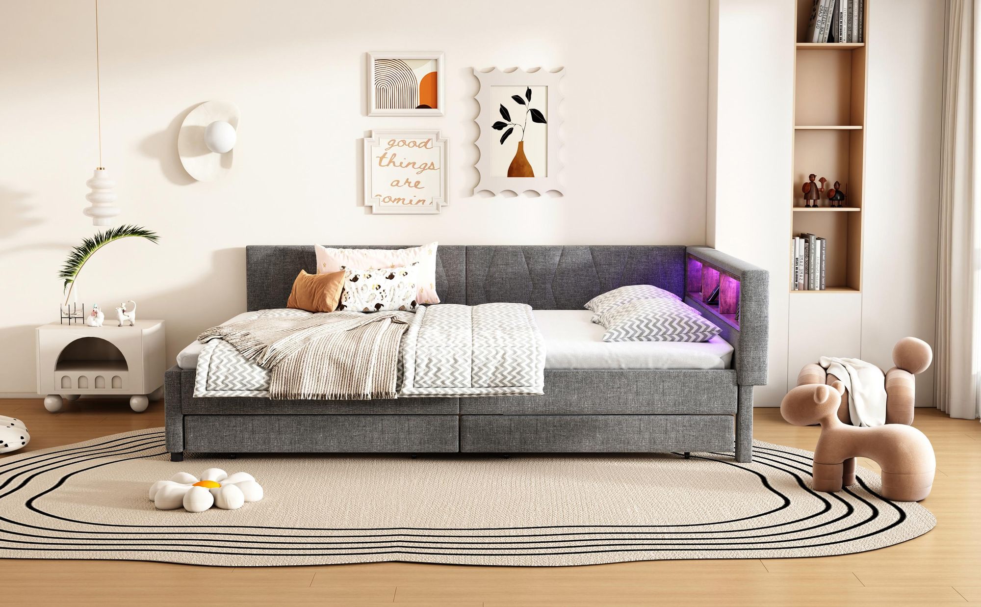 Merax Tagesbett Daybett 140x200 cm, Schlafsofa mit LED, USB+Typ C, 2 Schubladen, Ablagefach, Schlafsofa, Leinen Polsterbett, Grau