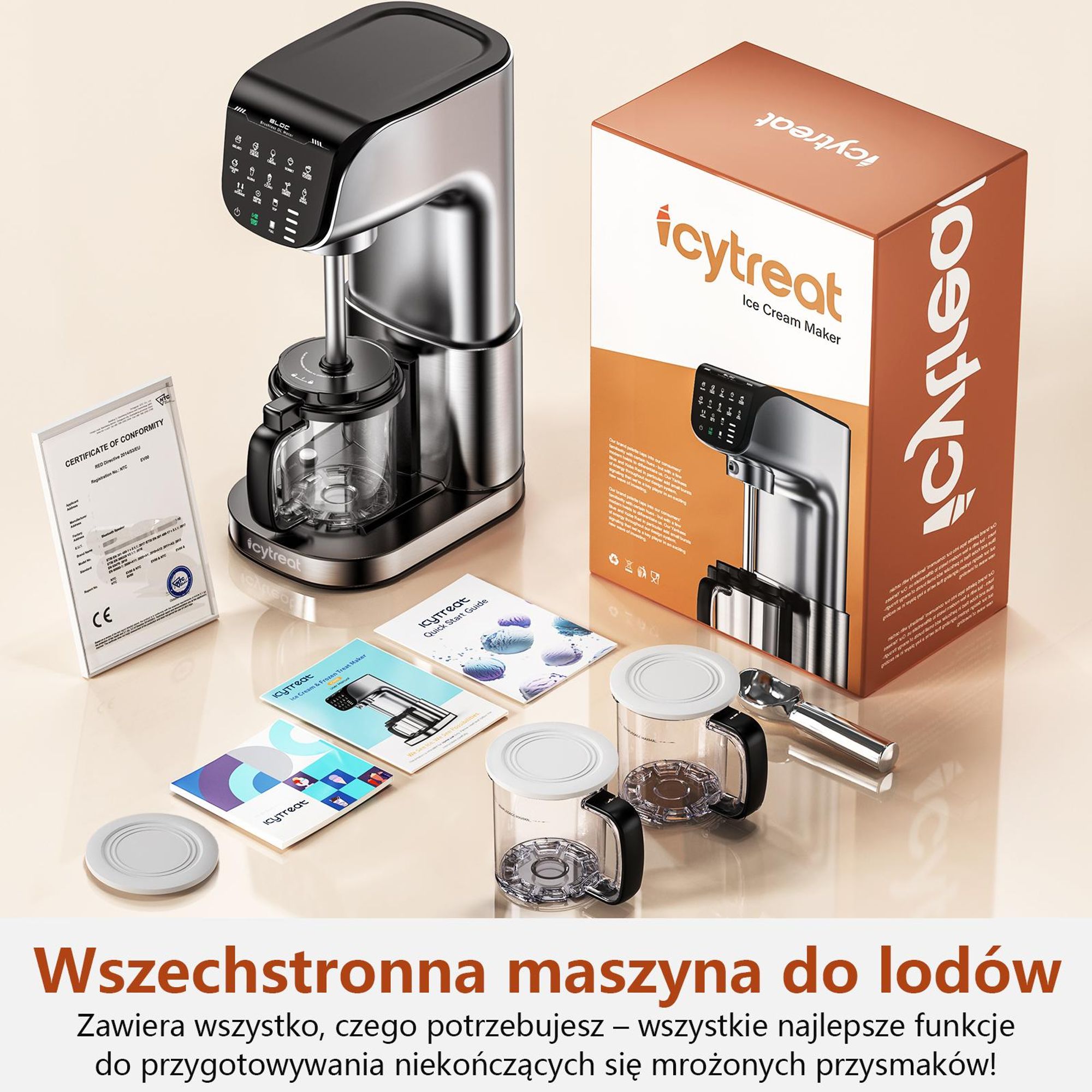 Maszyna do lodów IcyTreat IC-1010 EU – W pełni automatyczna, obudowa ze stali nierdzewnej – Wyposażona w 3 pojemniki i 12 programy – Srebrna