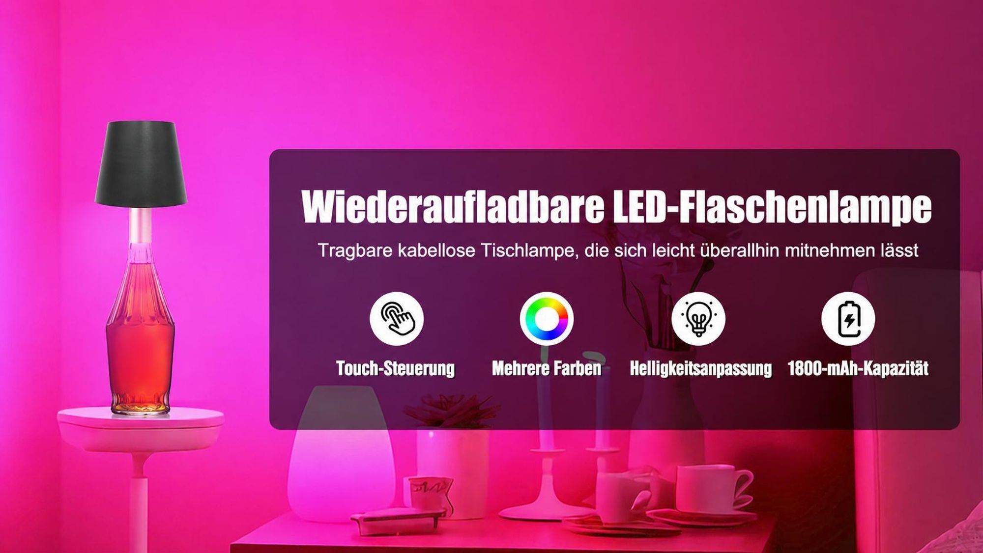 Tragbare kabellose Weinflaschenlampe, RGB-Modus einstellbar, LED-Schreibtischlampe, kabellose dimmbare LED-Tischleuchte, USB wiederaufladbar, schwarz