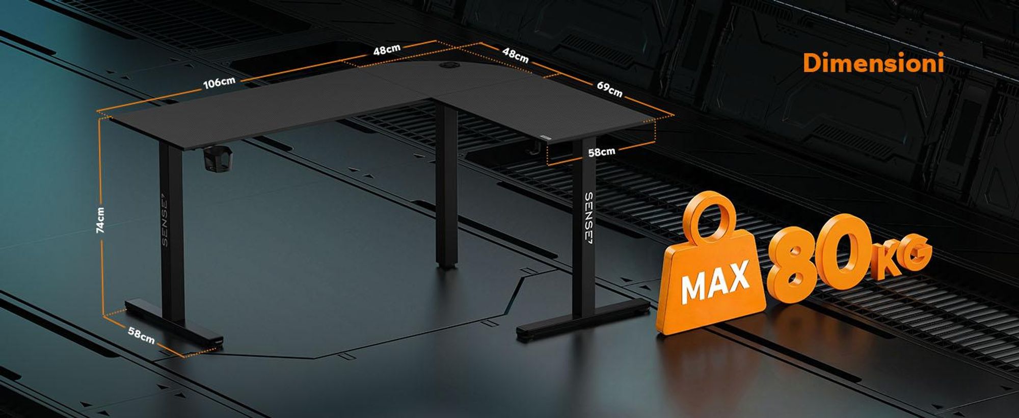 Sense7 RONG, scrivania angolare da gaming, forma a L, 154x117 cm - Nero, aspetto carbonio, scrivania per computer, ideale per giocatori, montaggio flessibile, adatta per l'ufficio domestico