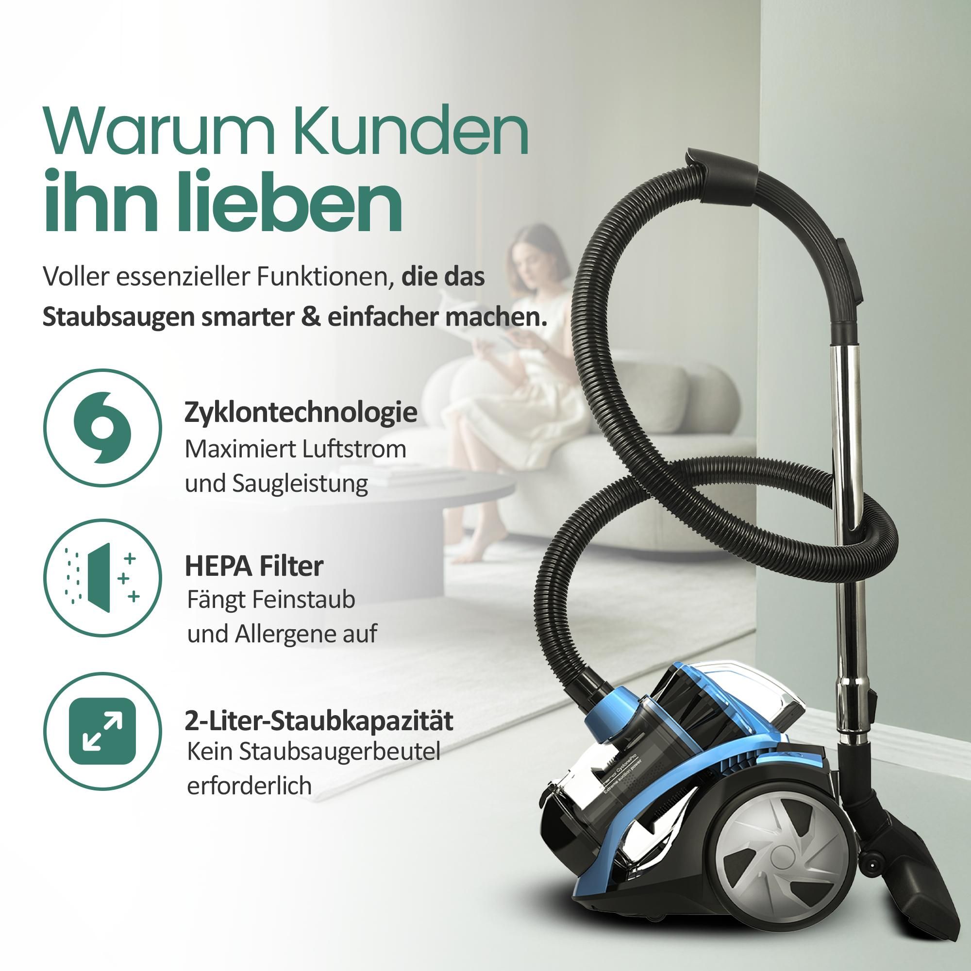 Emerio Staubsauger ohne Beutel – 2 Liter – HEPA-Filter – Kabellänge 4,5 m – Hochleistungsbürste – 700 W – VCE-108278.10 – Schwarz / Blau