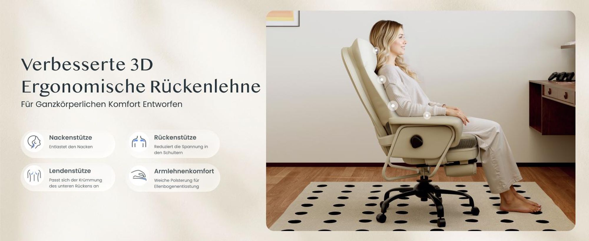 FLEXISPOT 3-in-1 Ergonomischer Bürostuhl mit 165° Liegefunktion, Ausziehbarer Fußstütze, Dickem Komfortpolster und Höhenverstellung (Beige)