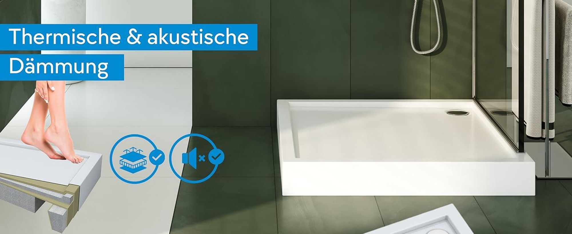 AQUABAD® Duschwanne Komplettset Ultima LeakProtect® Smooth White 90x90cm Quadrat mit Ablaufgarnitur Alcadrain A49CR