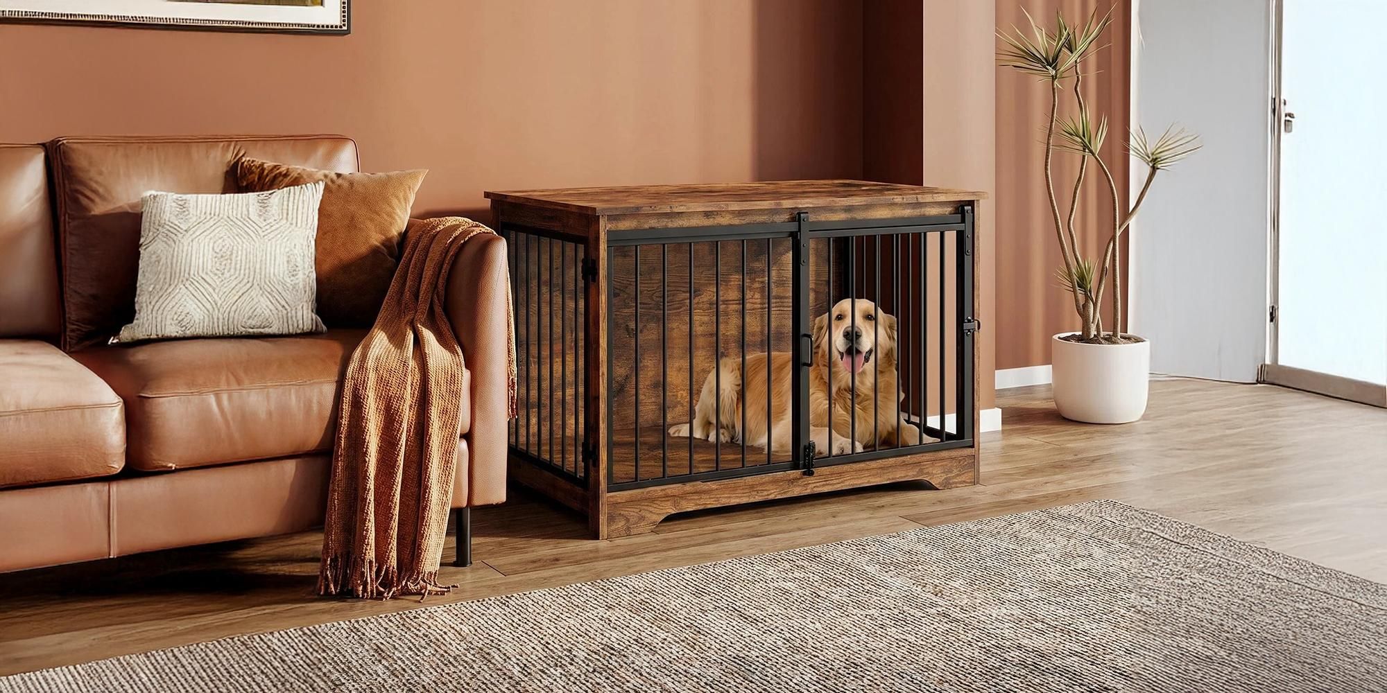 Hundekäfig Möbel, 100 cm Hundebox, 2 Türen, Schwarz | Schiebetüren, Moderne Hundebox Holz Indoor für Mittlere/Große Hunde, Hundekäfig für Zuhause