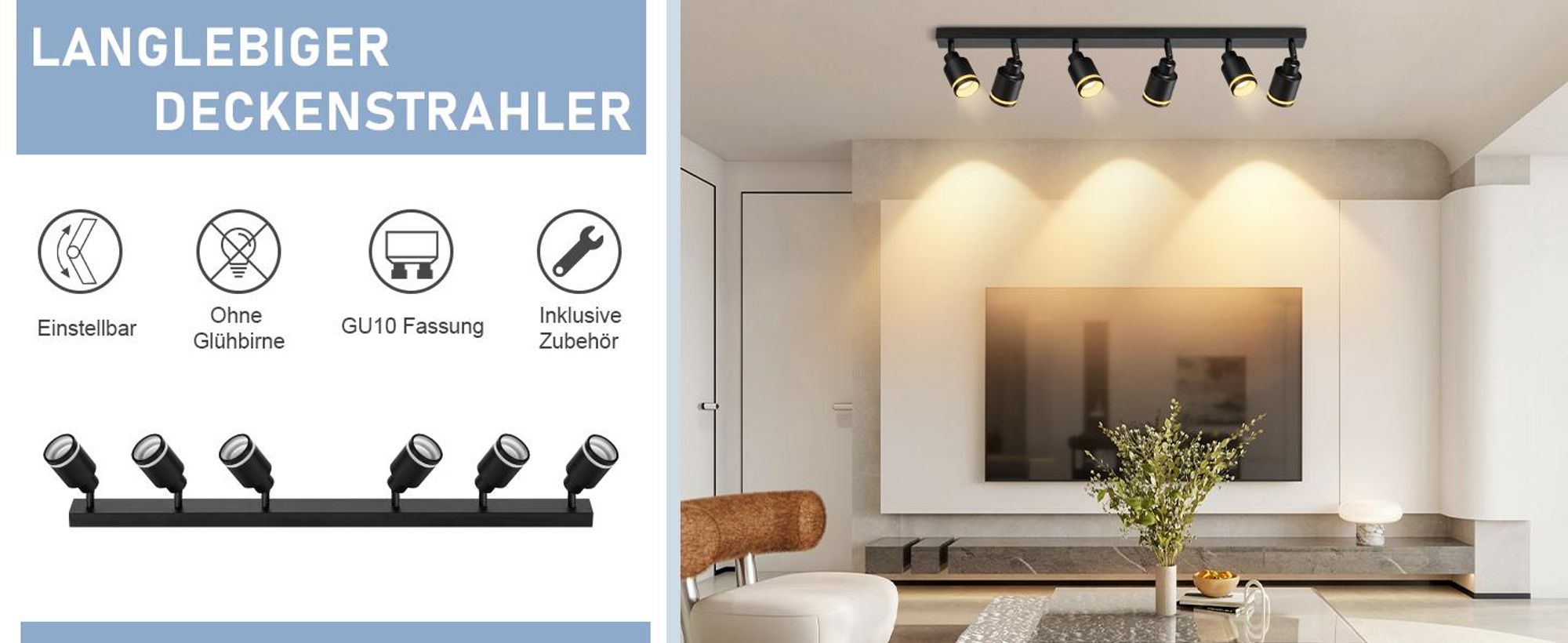 ZMH Faretti da soffitto a LED a 6 luci, faretti da soffitto neri GU10, orientabili, in metallo, per soggiorno e cucina, lampadine non incluse