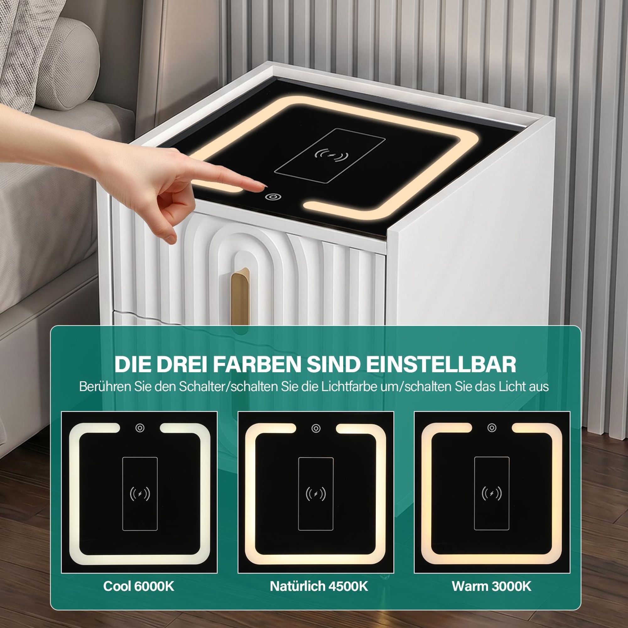 OYAJIA Nachttisch Nachttisch mit LED-Beleuchtung, Beistelltisch mit 15W Kabelloses Laden mit USB + Type-C, Beistelltisch, 2 Schubladen, modern