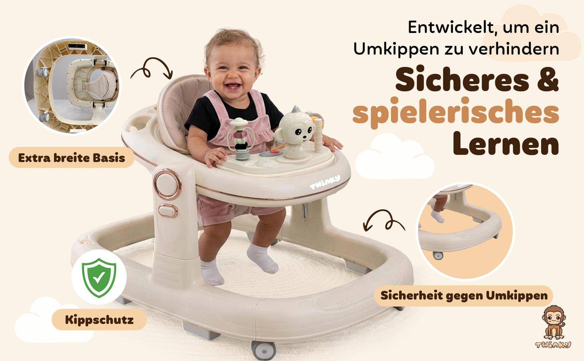 Twinky® GO 3 en 1 Lauflernhilfe in Schwarz | Lauflernwagen mit Spielset und Zubehör für sicheres und spielerisches Lernen