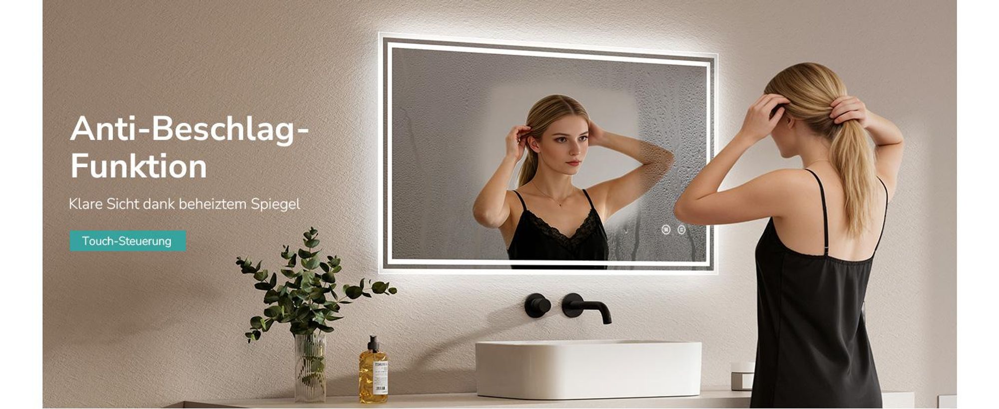EMKE LED Badspiegel 100x60cm Badspiegel mit Beleuchtung Kaltweiß Lichtspiegel Badezimmerspiegel Wandspiegel mit Touchschalter Beschlagfrei