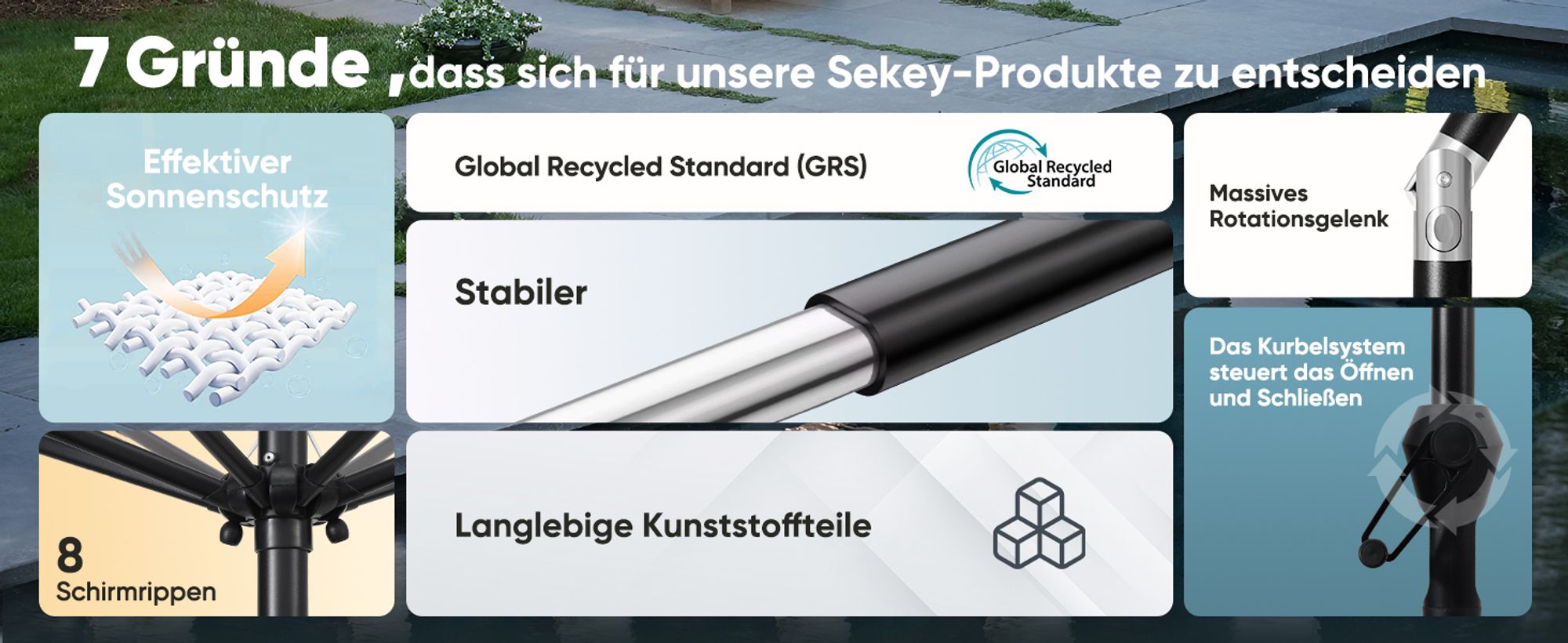 Sekey Alu Sonnenschirm 300 cm Rund Knickbar mit Kurbel Windfest und Neigbar UV 50 Schutz für Balkon und Garten, Grau