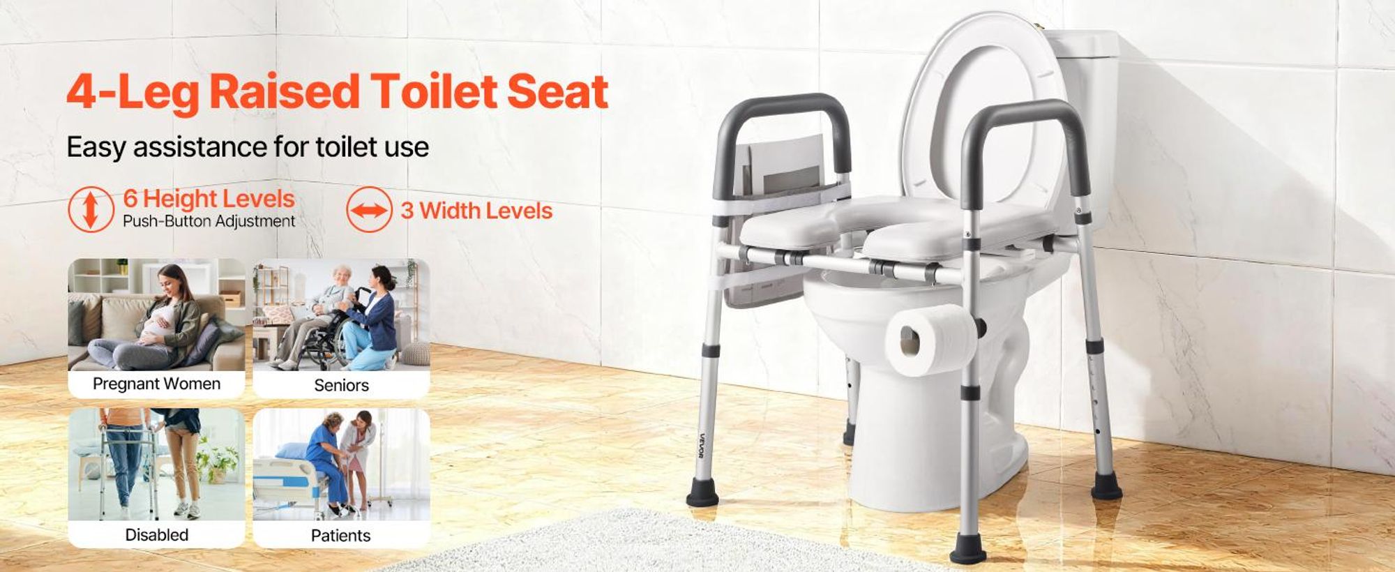 VEVOR Erhöhter Toilettensitz, 7-fache Höhenverstellung 490 - 640 mm, 158,7 kg Tragfähigkeit, mit gepolstertem Aluminiumrahmen, universeller Toilettensitzerhöher, für Senioren, Behinderte, Schwangere, medizinisch, Vier-Fuß Bodenstehender Typ, Maximale Belastung: 400 lbs