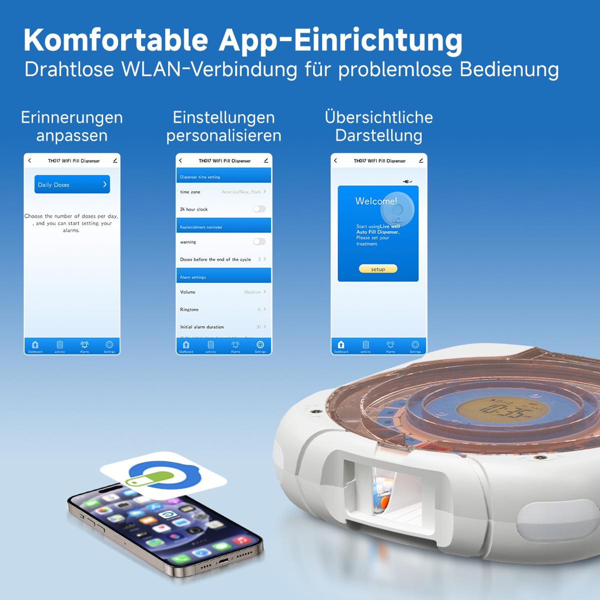 Retekess TH017 Smart-Pillenbox, Drahtlose WLAN-Kommunikation, Automatischer Pillenauswurf, 21 Pillenfächer, zwei Stromversorgungsoptionen,für Senioren