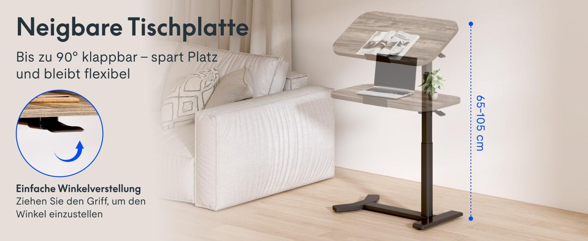 FLEXISPOT Beistelltisch Höhenverstellbar in C-Form, klappbarer Laptoptisch mit Rollen, 65–105 cm, Nachttisch, für Bett und Sofa, Braun