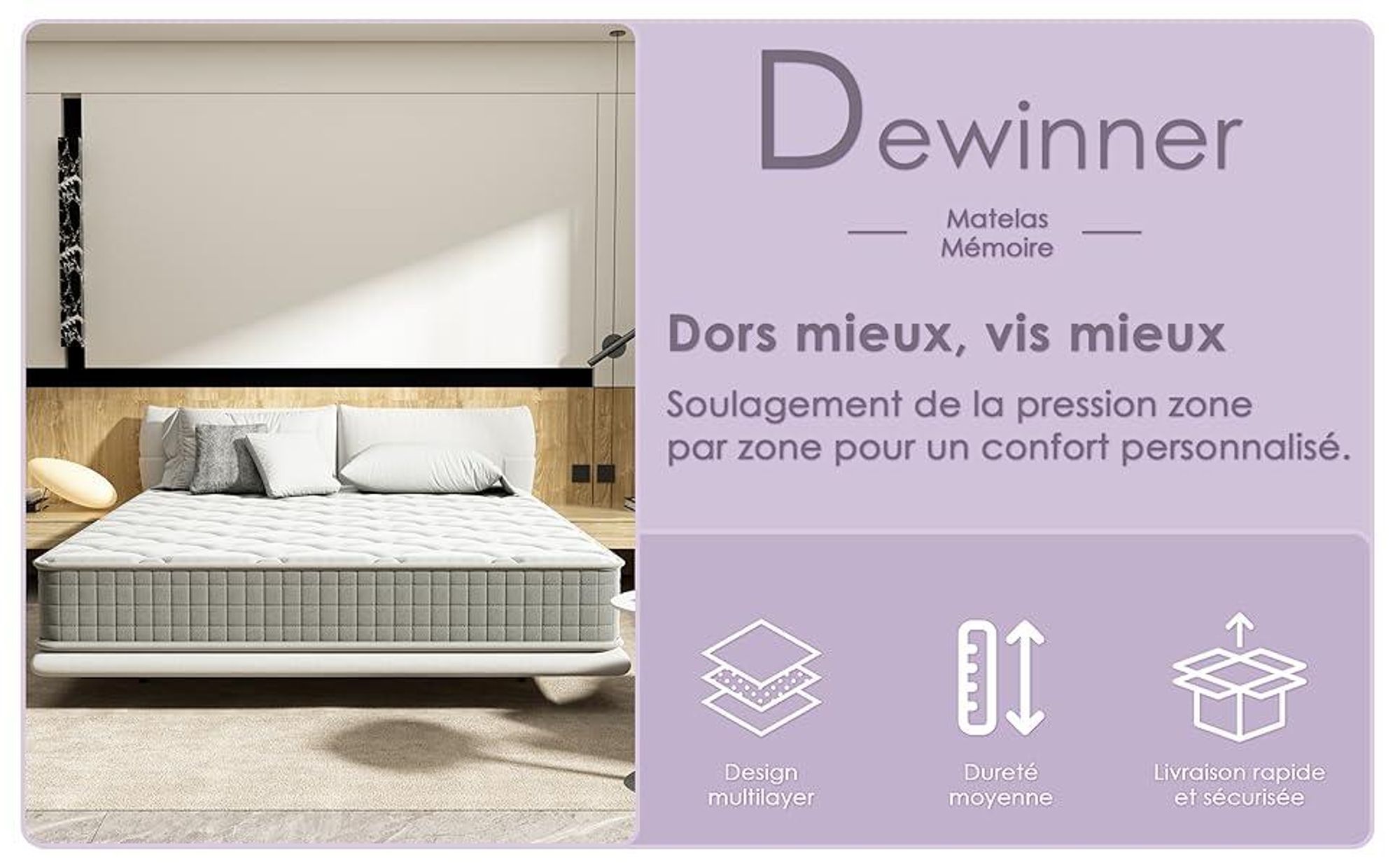 DEWINNER Matelas Mémoire 140x200 Épaisseur 30CM - Matelas à Mémoire en Mousse - 7 Zones - Fermeté Moyenne - Soulagement des Points de Pression
