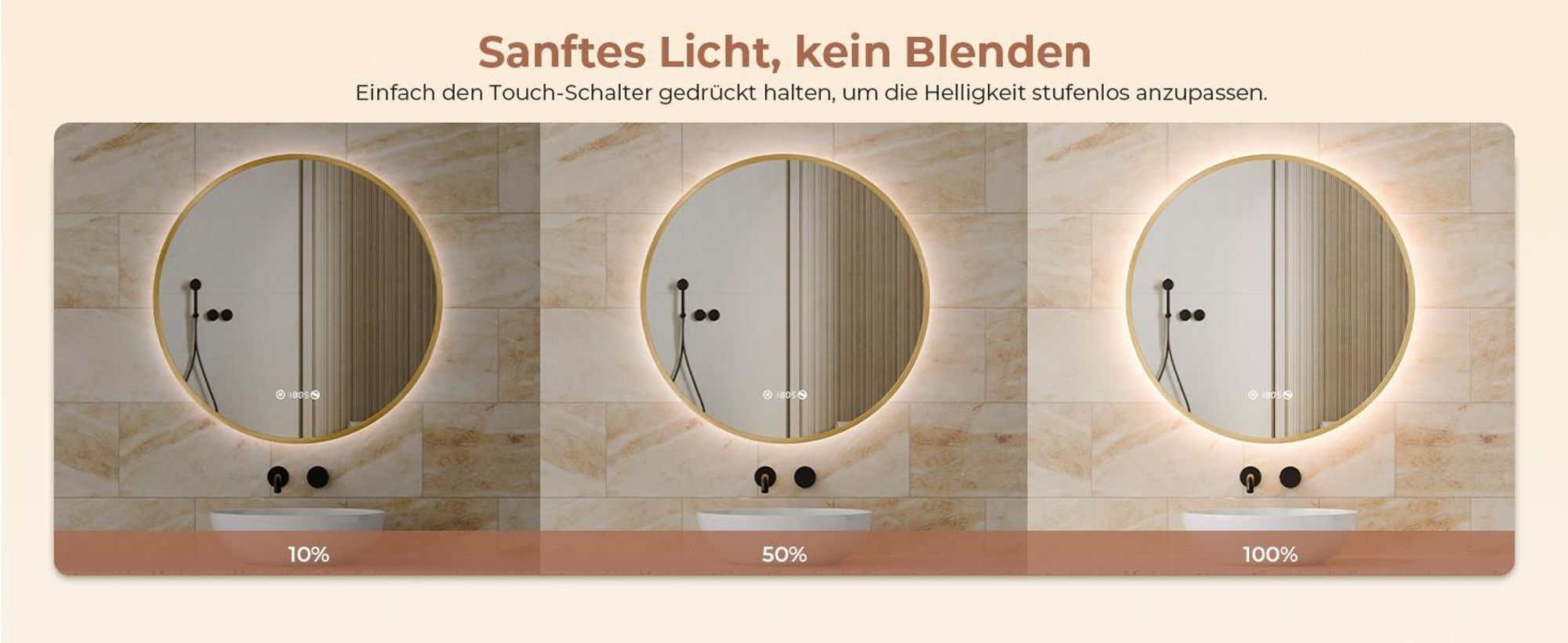 S'AFIELINA Badspiegel mit Beleuchtung Rund 80 cm Diameter, LED Badspiegel mit Touch, Beschlagfrei, Dimmbar, Uhr, Temperatur, Speicherfunktion,Gold