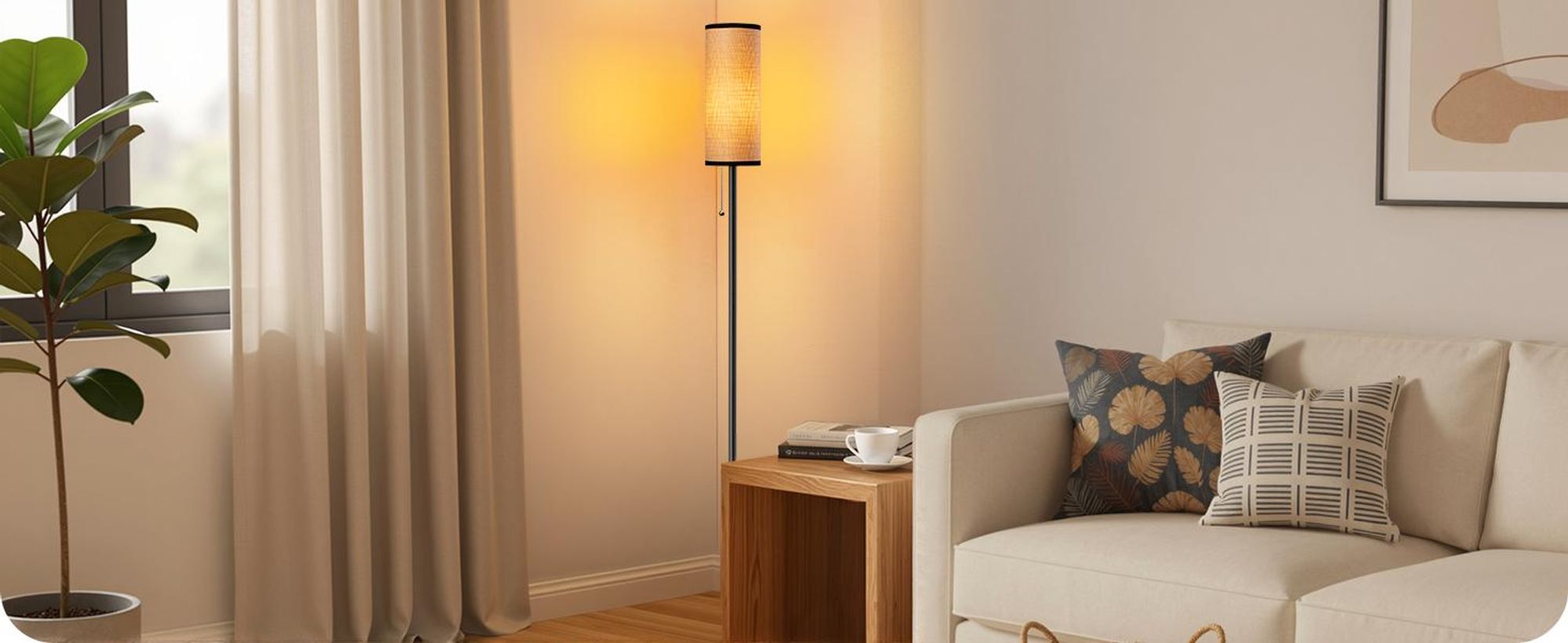 EDISHINE Stehlampe Wohnzimmer, Moderne Stehleuchte Schwarz mit geflochtenem Seil-Lampenschirm & Marmorsockel,inkl. 6W LED-Lampe