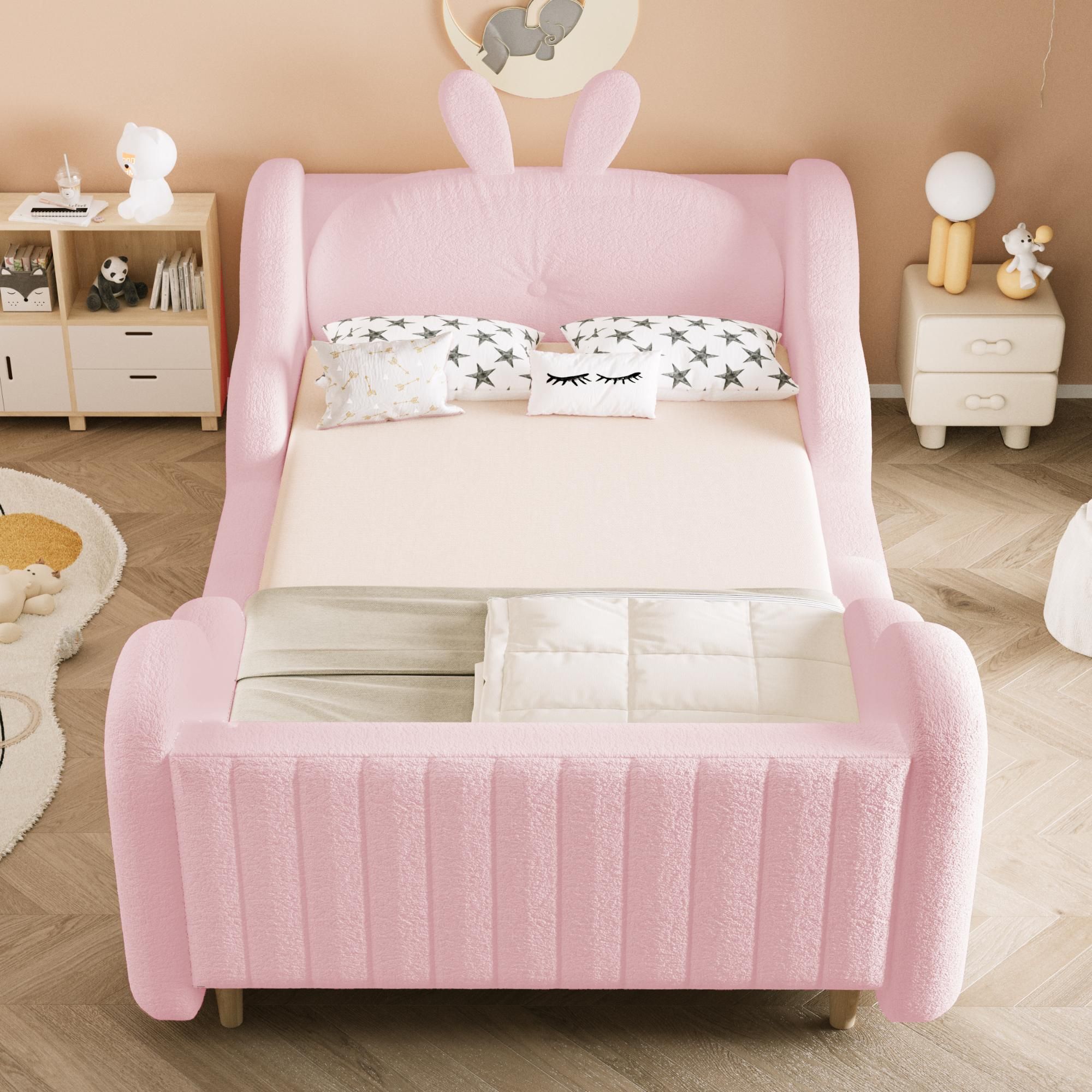 Merax Kinderbett Polsterbett 90x200cm mit Wolken-Seitenschutz, Teddy-Samt Bett mit Hasenkissen, Plattformbett Jugendbett mit Kissen in Hasenform,Rosa