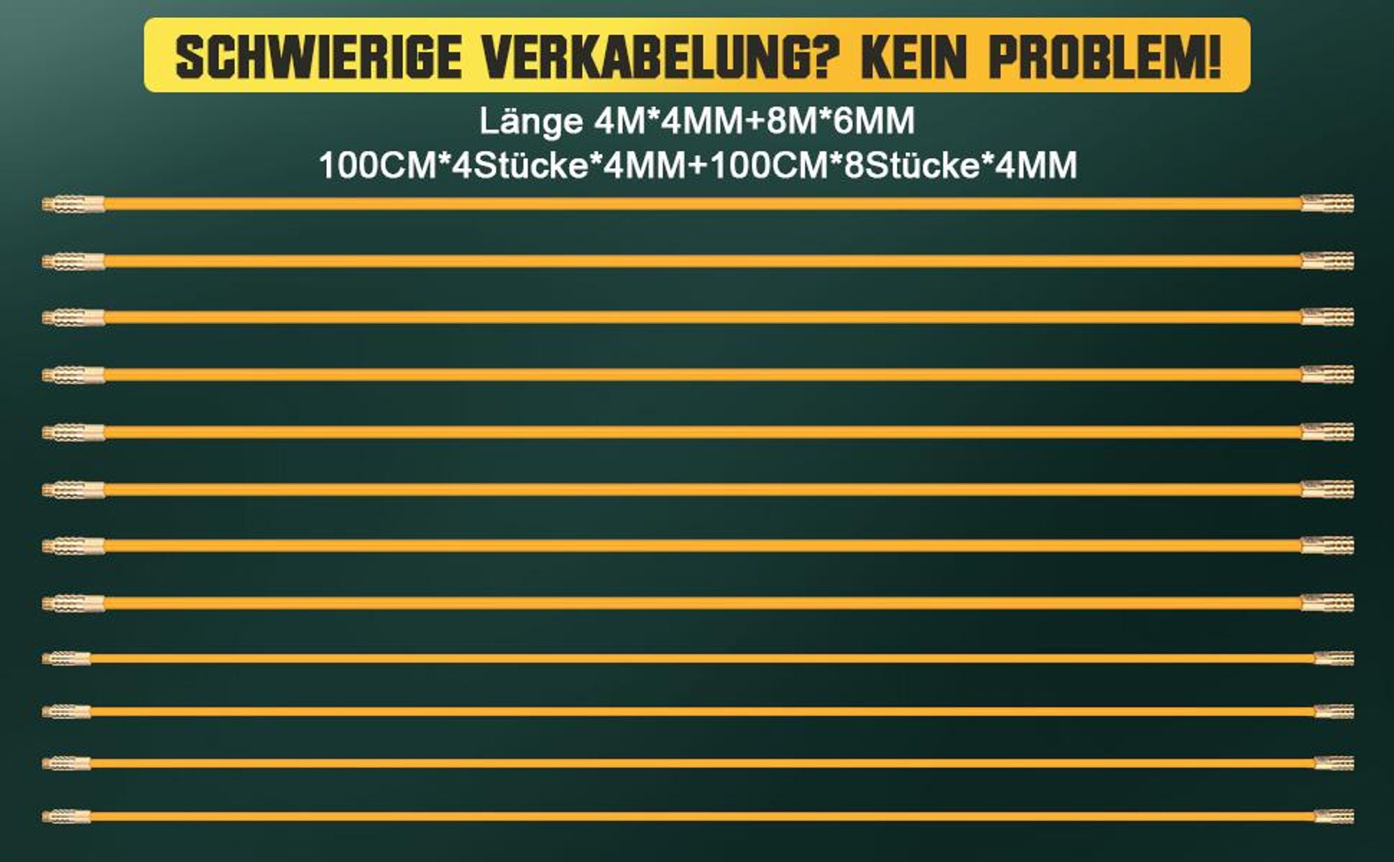 12M Einziehband Kabel Kabeleinziehhilfe 4 Stangen x 1m x 4mm Kabelstangen und 8 Stangen x 1m x 6mm Kabelstäbe Fischband für Leerrohre Kabelverlegung
