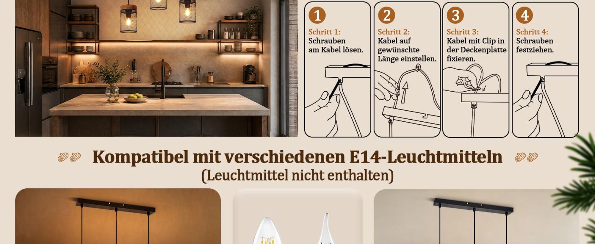 ZMH Zavesené svietidlo nad jedálenský stôl, 3 žiarovky, čierne, drevené zavesené svietidlo, E14, priemyselné zavesené svietidlo, svietidlo nad jedálenský stôl do obývačky, jedálne a kuchyne