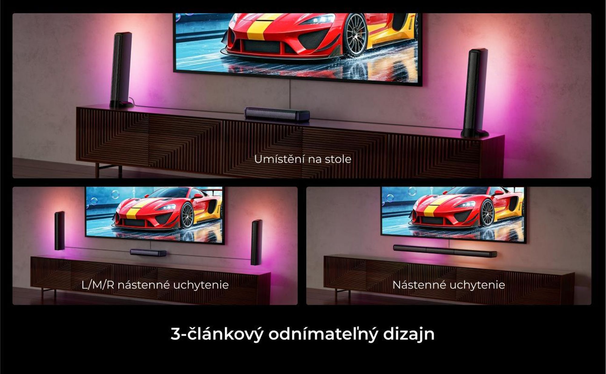 ULTIMEA 7.1-kanálový odnímateľný soundbar s RGB svetlom, virtuálny priestorový zvukový systém so subwooferom, 2 priestorové reproduktory, 410 W