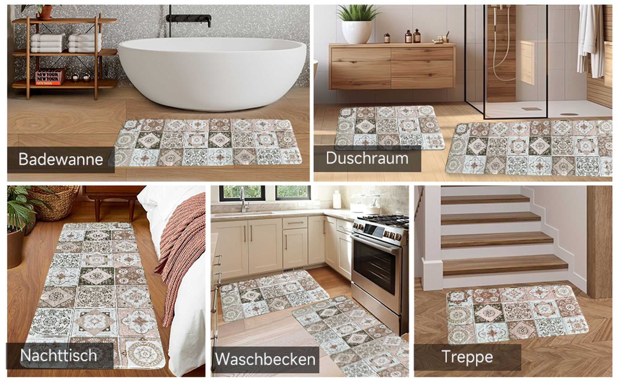 Badteppich Set 2 teilig Badematten Waschbar Badvorleger Teppich Läufer für Badezimmer Vintage Badvorleger Badezimmerteppich 50×160 cm+50×80 cm, Beige