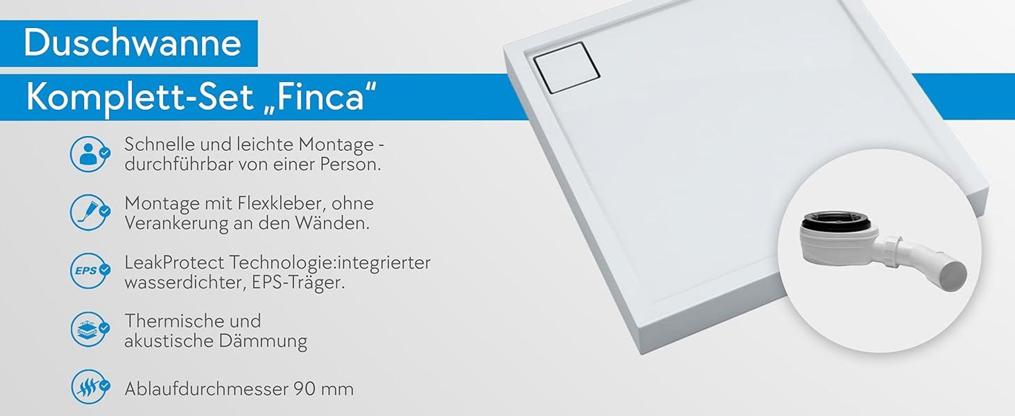 AQUABAD® Duschwanne Komplettset Finca LeakProtect® Smooth White 90x90cm Quadrat mit Ablaufgarnitur