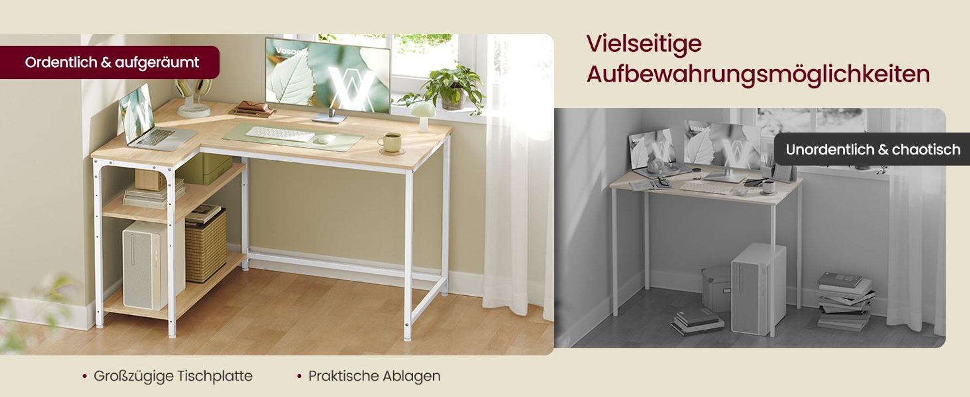 VASAGLE Schreibtisch mit Stauraum, L-Form Computertisch, höhenverstellbare Ablage, Büro, 110 x 80 cm, Natureichenfarben und Mattweiß