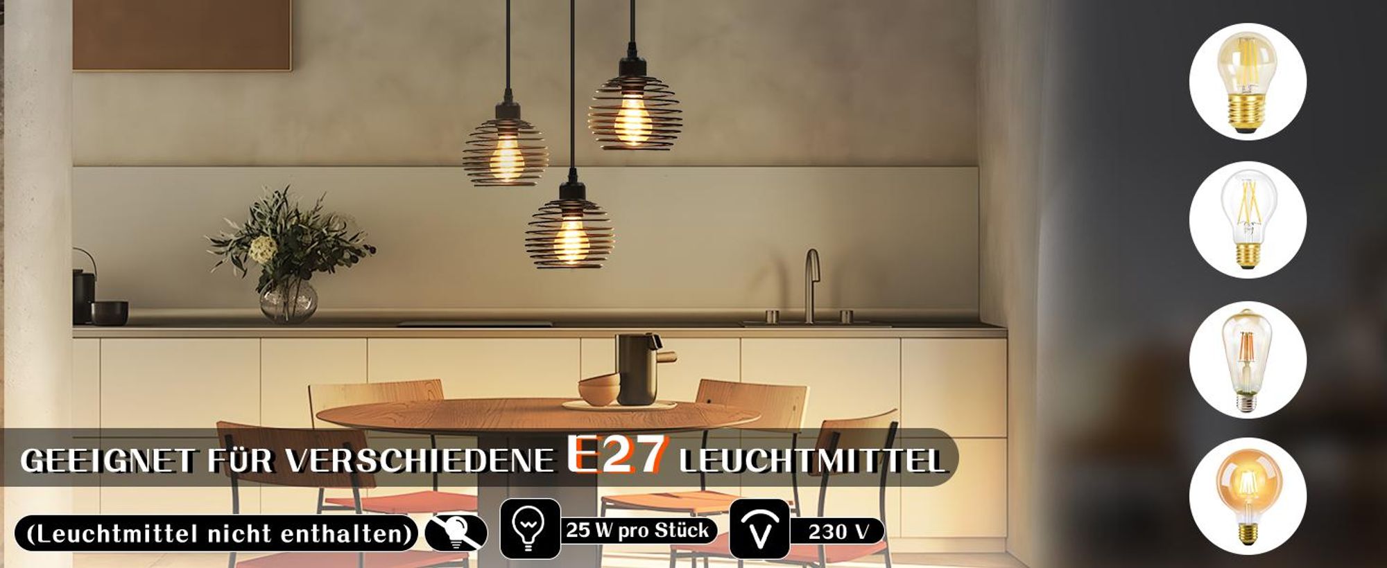 ZMH Pendelleuchte 3 Fammig Hängeleuchte Vintage E27 Pendellampe Metall Höhenverstellbar 120cm Esstischlampe für Esszimmer Schlafzimmer Küche Schwarz