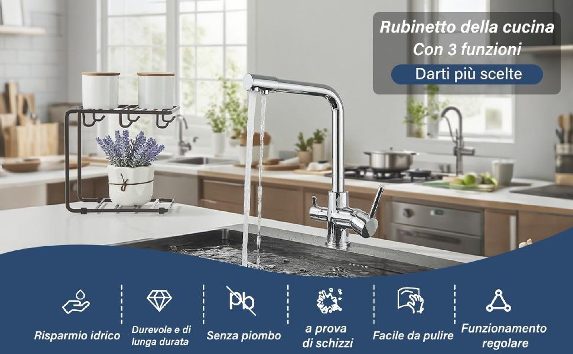 3 Wege Wasserhahn mit Filter-Mischbatterie Küche, 360° Drehbare, mit 3 Schlauches und Doppelhebel, Armatur zum Warmes/Kaltes/Gereinigtes Wasser
