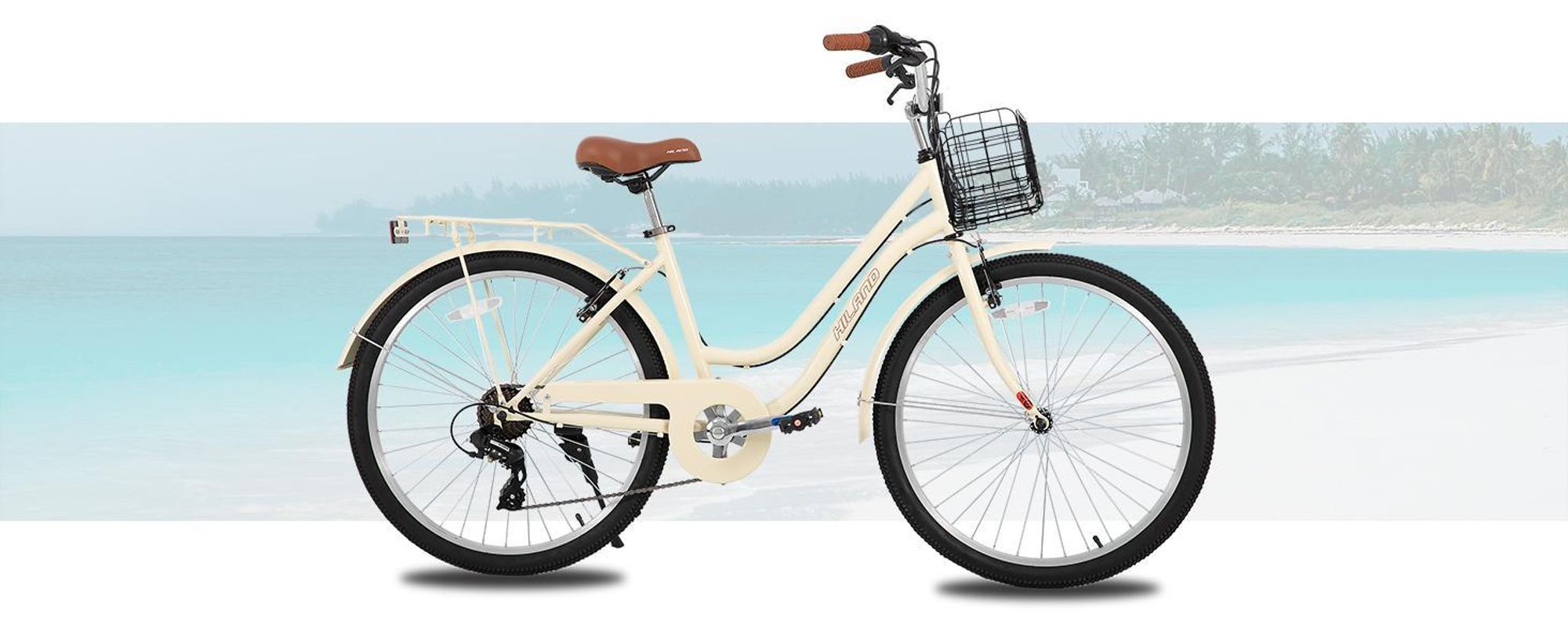 Hiland 26 Zoll 7 Gang Pendler Stadtfahrrad für Männer und Frauen, Step-Through Rahmen Cityräder für Erwachsene mit Gepäckträger und Korb, Fender
