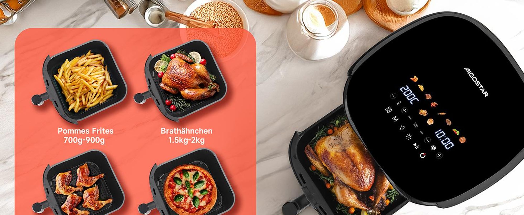 Aigostar Heißluftfritteuse Dual Blaze™ Heißluftfritteuse XXL, 8L Air Fryer 2000W mit Sichtfenster, 10 Programme, 3 Kochfunktionen 2000 W Sichtfenster,