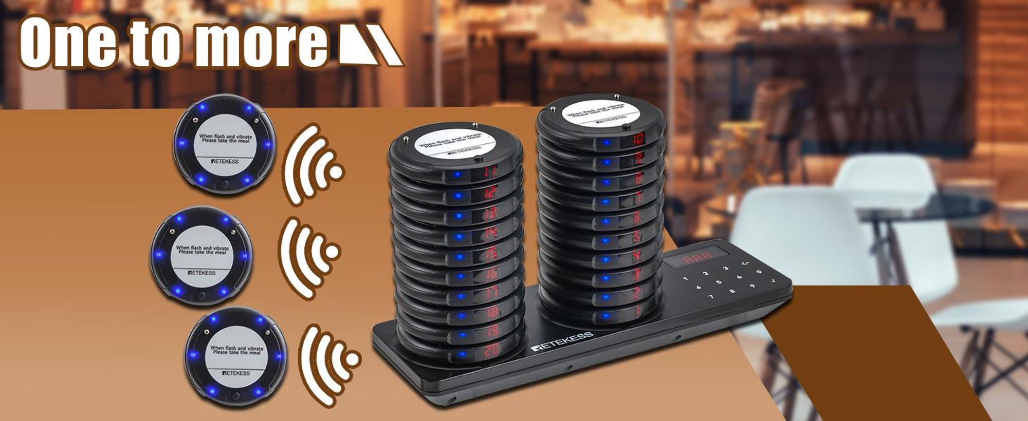 Retekess TD163 Bezdrôtový pagingový systém, 400M, 31 režimov volania, 20H pohotovostný režim, pagingový systém pre hostí pre hotely, bary, kluby