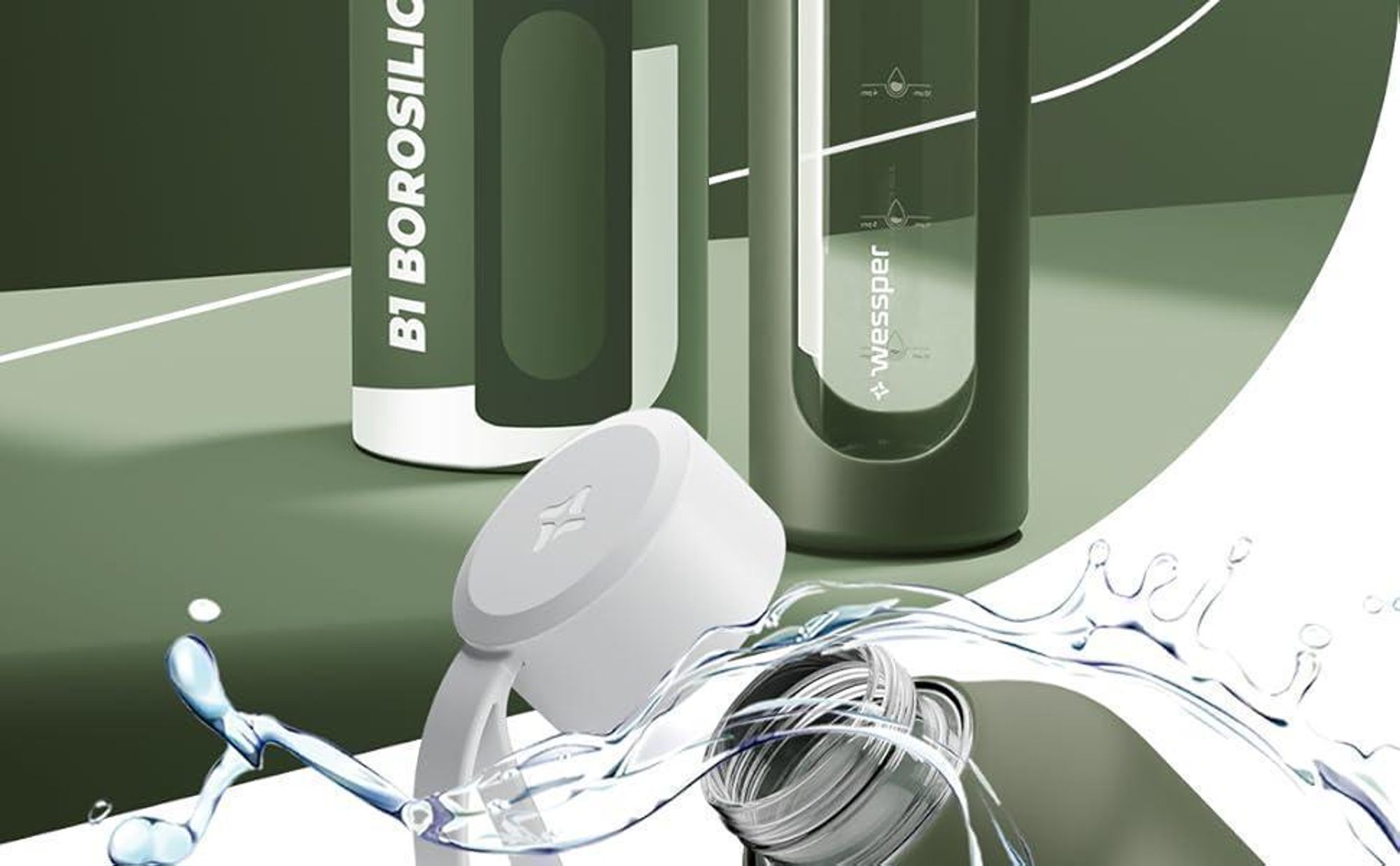 Wessper Trinkflasche aus Glas mit Silikonhülle – 1 L – mit Zeitmarkierungen – Schwarz