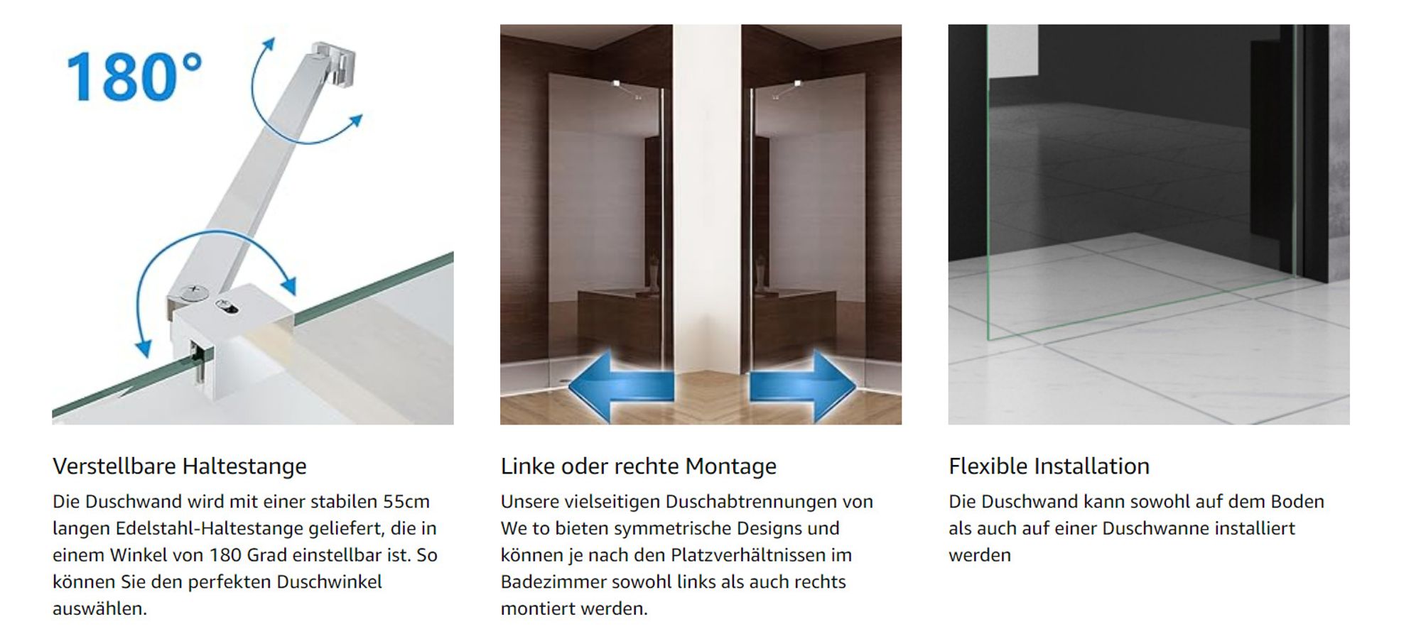 Walk in Dusche Duschabtrennung 75 x 185 cm Duschwand Seitenwand Duschtrennwand 6mm NANO klares Glas SB