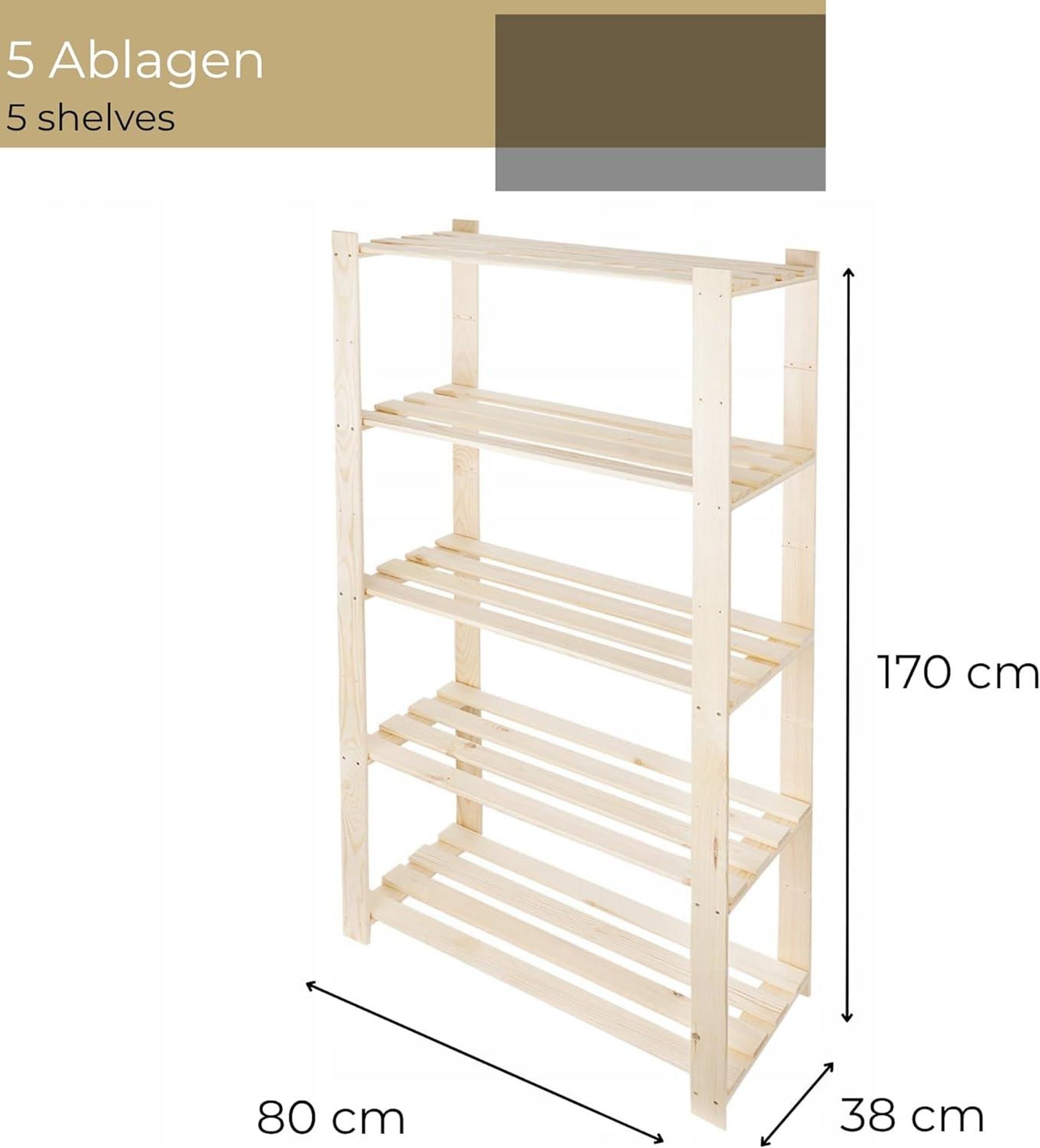 STOLMAK Holzregal Bücherregal 80x170x38 (BxHxT) Wandregal Natur Kiefernholz Massivholzregal Dekoregal 5 Ablagen Kieferregal
