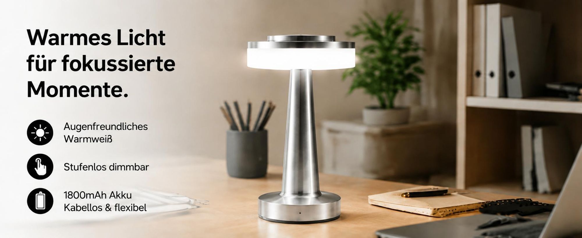 2X LED Schreibtischlampe,Touch Steuerung Augenschutz Leselampe,Kabellos Dimmbar Tischleuchte,dreifarbige Lampe,Nachttischlampe,Nachtlicht,Silber