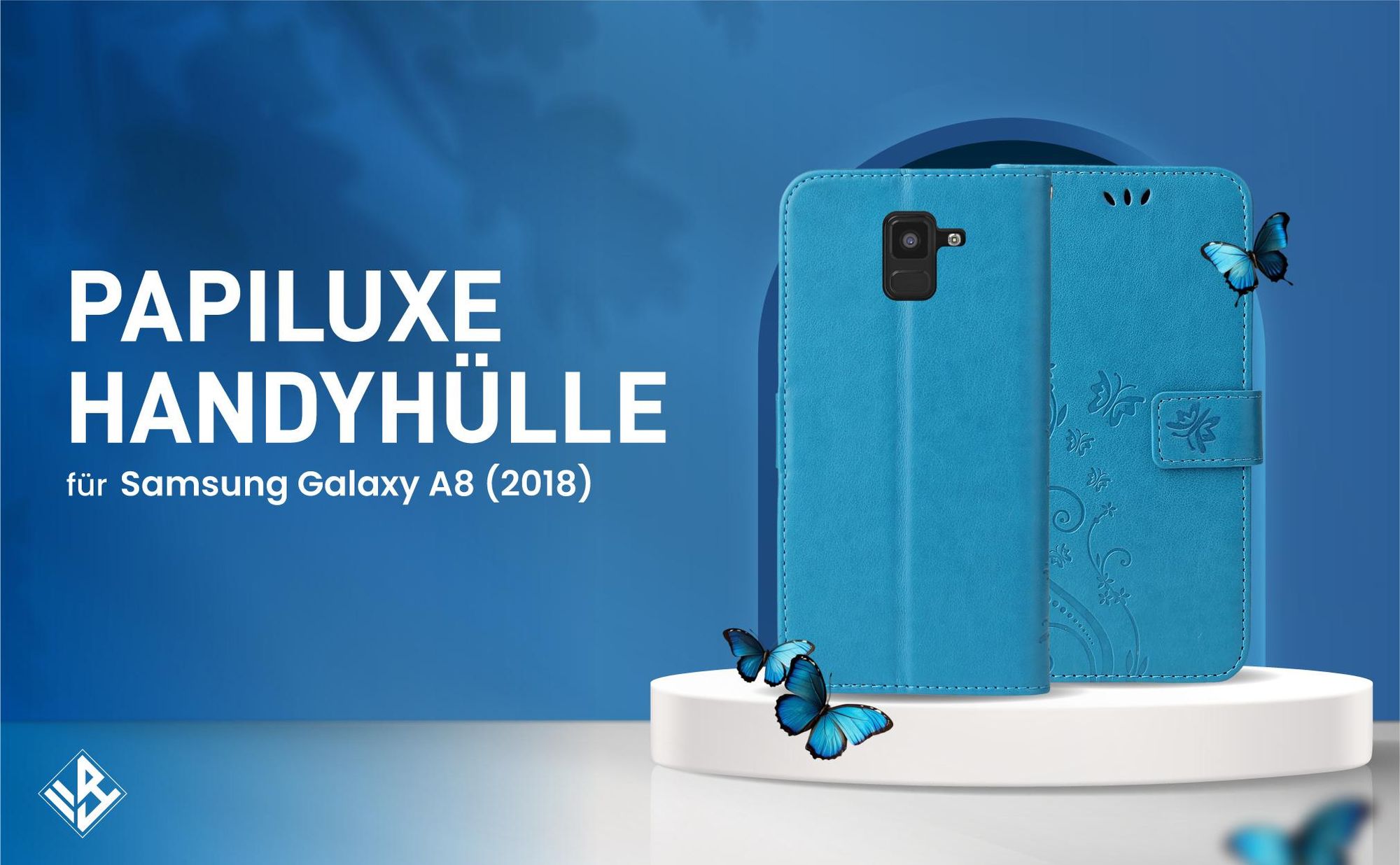 Blaue Klapphülle im Schmetterling Design für Samsung Galaxy A8 (2018) mit Wallet-Funktion