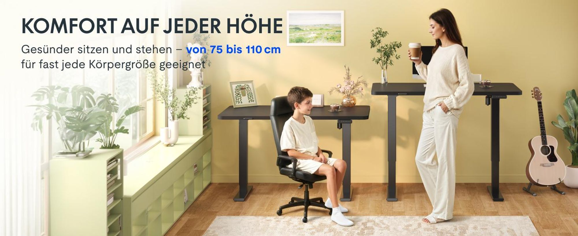 FLEXISPOT EN1 Höhenverstellbarer Schreibtisch 100x60cm elektrisch mit einteiliger Tischplatte, Kabelmanagement & Ablagefach, 4 Memory-Funktion Schwarz