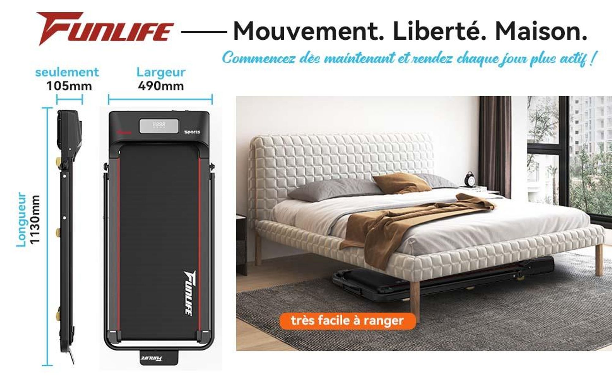 FunLife F1, tapis de course pliable pour marche – 3 en 1, avec poignée de maintien, vitesse de 1 à 8 km/h, compact et silencieux, idéal pour la maison, le bureau et le télétravail