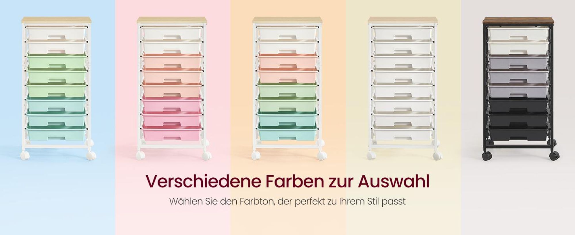 VASAGLE Rollwagen mit 8 Schubladen, Nischenwagen mit Holzplatte, Organizer für Büro und Bad, 39,5 x 28,5 x 76,5 cm, Weiß