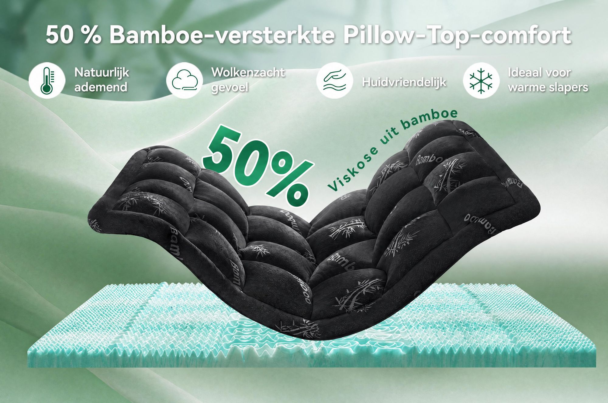 NicePlus 2-in-1 Topper, 120x200x7 cm, traagschuim met 5 zones + bamboe tijk, met hoekelastieken geschikt voor alle matrassen, H2/H3, zwart