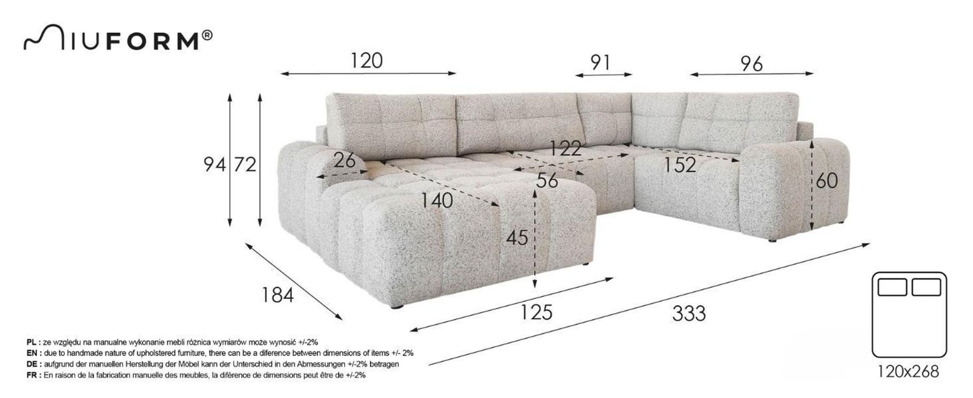 MIUFORM Lulu Ecksofa mit Bettfunktion und Bettkasten U-FORM RECHTS – 333 x 213 cm - Salz und Pfeffer- Sofa Schlafsofa Couch Modulsofa