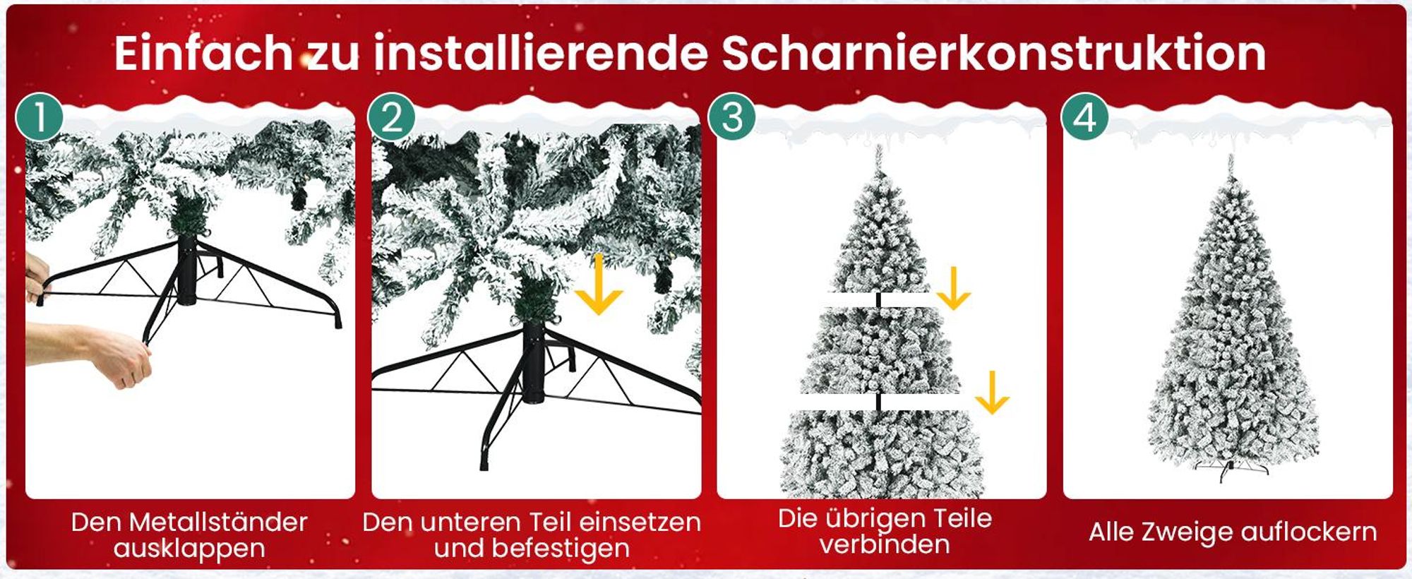 COSTWAY 225cm Künstlicher Weihnachtsbaum mit Schnee inkl. 1010 Spitzen PVC Nadeln, 450 warmweiße LED-Leuchten & Metallständer, Tannenbaum, Christbaum, weiß