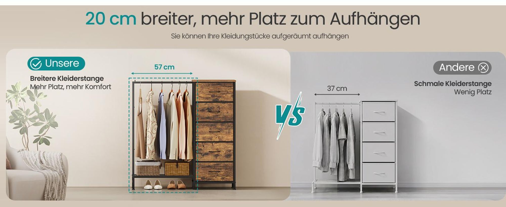 SONGMICS 3-in-1 Garderobenständer mit 5 Schubladen und Kleiderstange, 96,2 x 30 x 117,7 cm, Tan
